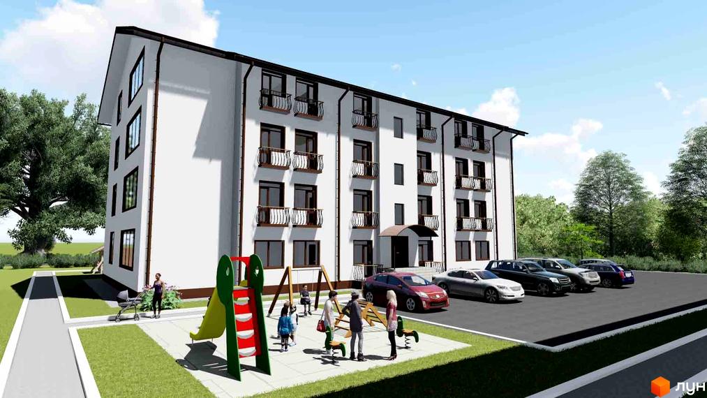 Зовнішній вигляд новобудови ЖК Нові будинки з дитячим майданчиком та парковкою. Фото фасаду будинку з балконами та вікнами.