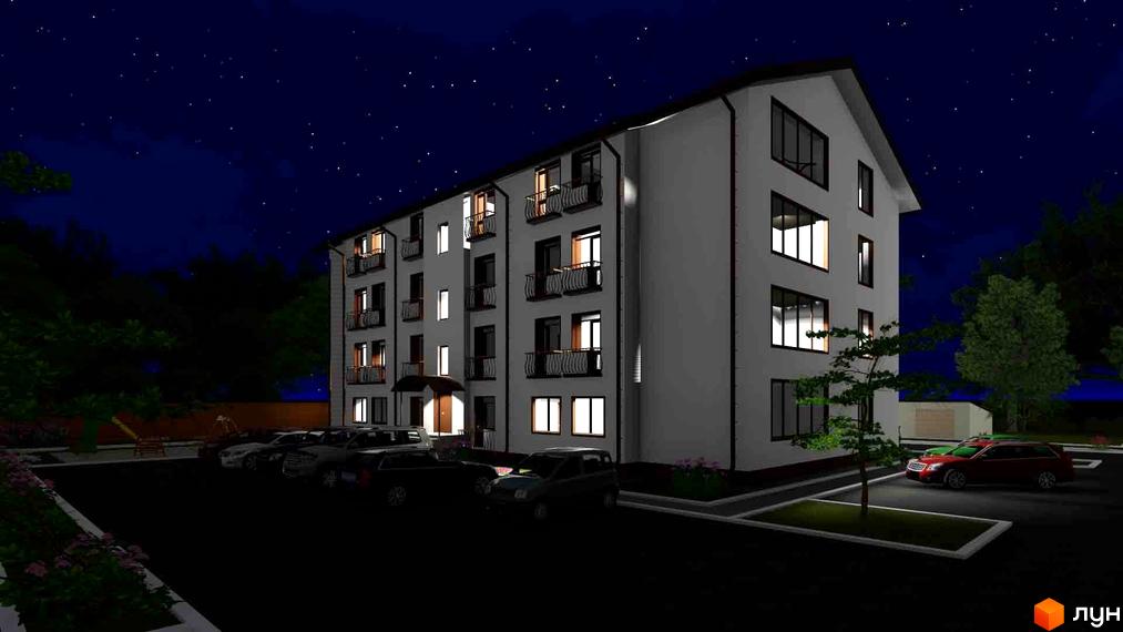 Нічний вид на багатоквартирний будинок житлового комплексу Нові будинки. Парковка з автомобілями перед будинком, зелені насадження та дитячий майданчик.