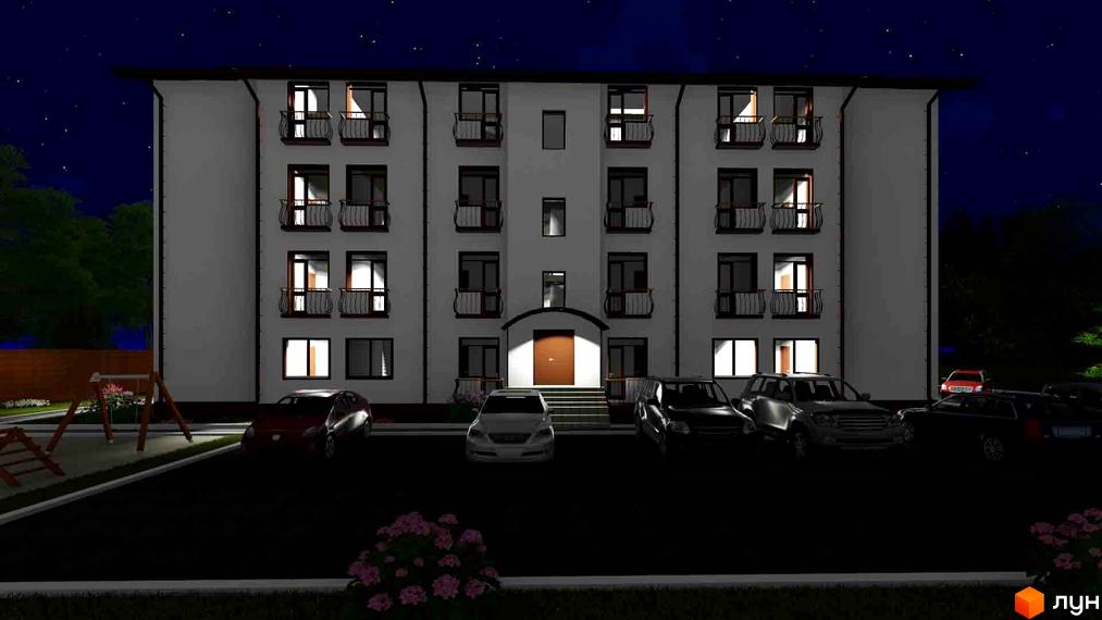 Новобудова ЖК Нові будинки вночі. Багатоквартирний будинок з балконами та підсвіченими вікнами. На прибудинковій території розташовані автомобілі та дитячий майданчик.