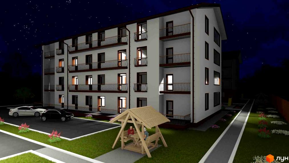 Новобудова ЖК Нові будинки вночі. Зовнішній вигляд будинку з балконами та вікнами, що світяться. Прибудинкова територія з парковкою, альтанкою та зеленими насадженнями.
