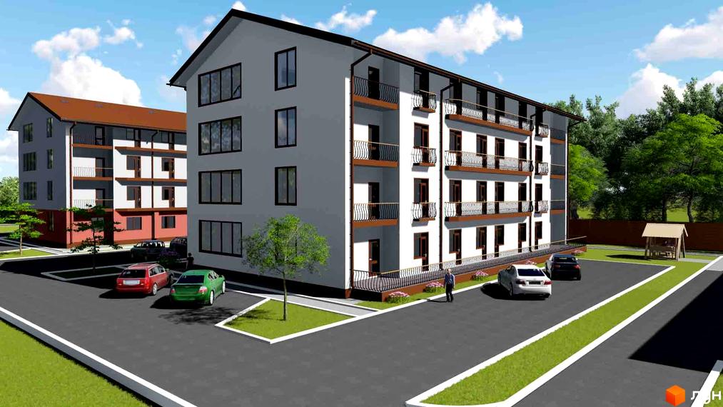 Новобудова ЖК Нові будинки з балконами та парковкою. На прибудинковій території є зелені насадження та альтанка.