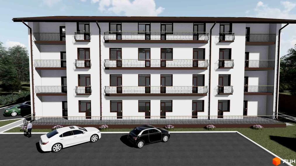 Зовнішній вигляд житлового комплексу Нові будинки з балконами та вікнами. Прибудинкова територія з автомобілями та зеленими насадженнями.