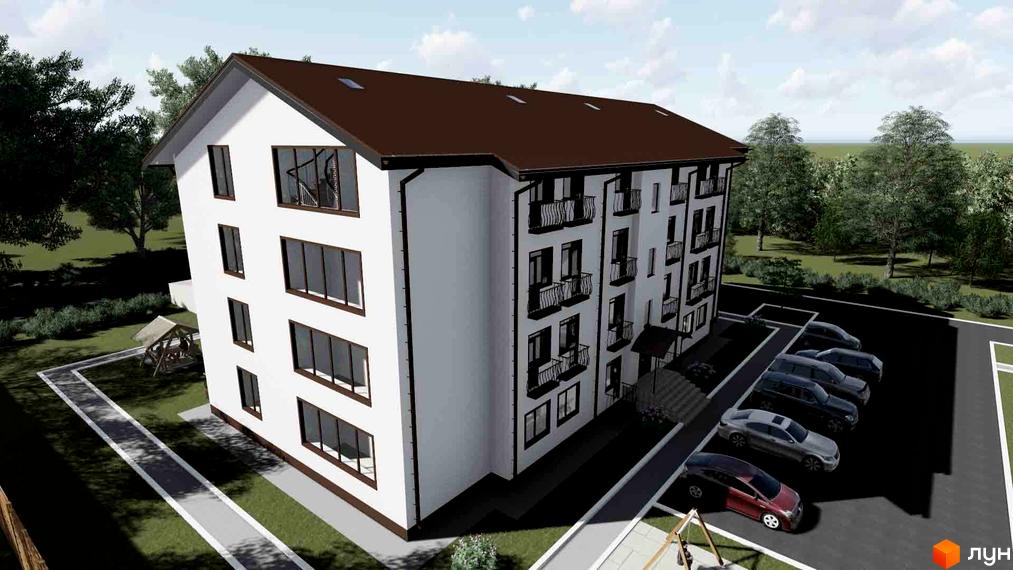 Зовнішній вигляд новобудови ЖК Нові будинки з балконами та великими вікнами. На прибудинковій території розташовані паркувальні місця та зелені насадження.