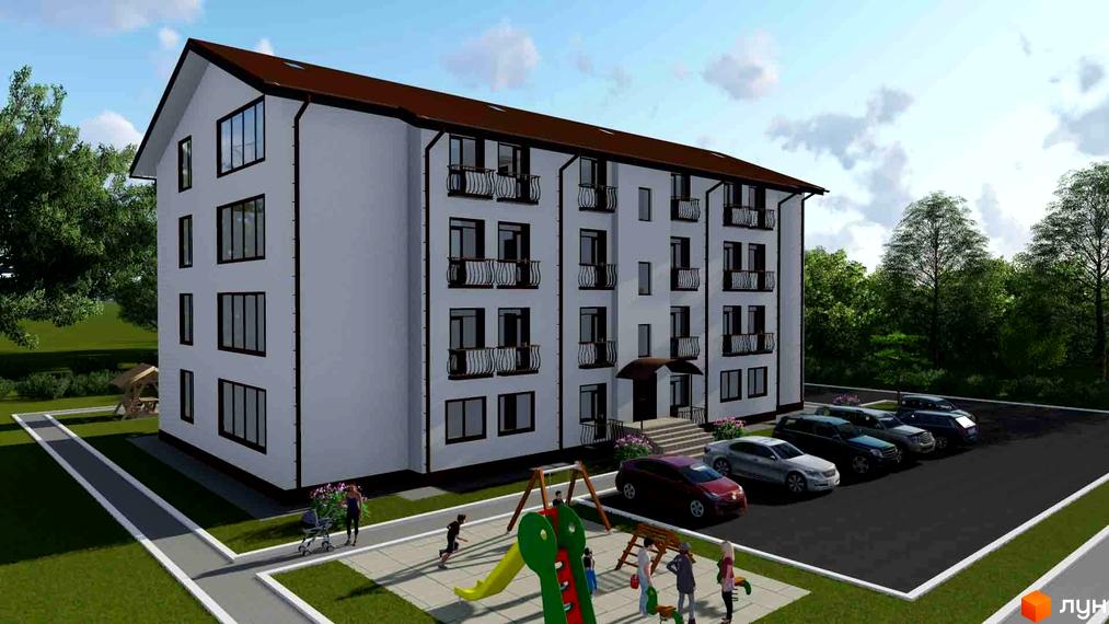 Житловий комплекс Нові будинки. Зовнішній вигляд чотириповерхового будинку з балконами та паркінгом. На прибудинковій території дитячий майданчик та зелені насадження.