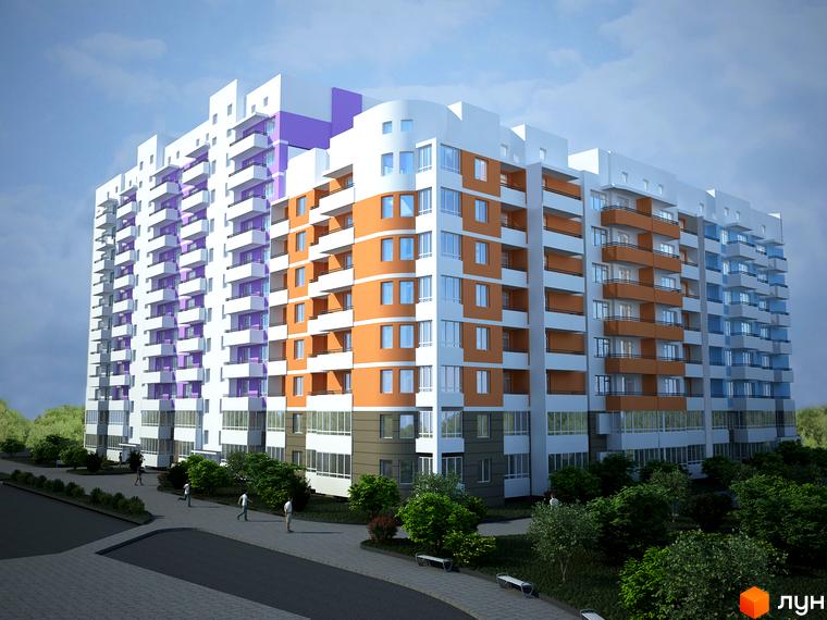 Новобудова Еко-дім на Стрийській має білі, помаранчеві та бузкові фасади з балконами. Навколо облаштована територія з зеленими насадженнями та пішохідними доріжками.