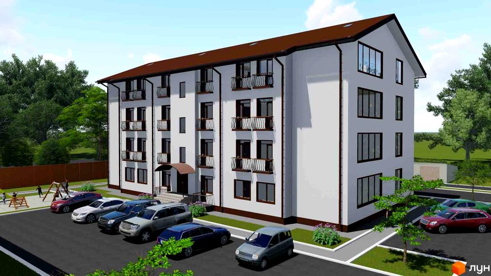 Зовнішній вигляд новобудови ЖК Нові будинки з балконами та парковкою. Прибудинкова територія з дитячим майданчиком та зеленими насадженнями.