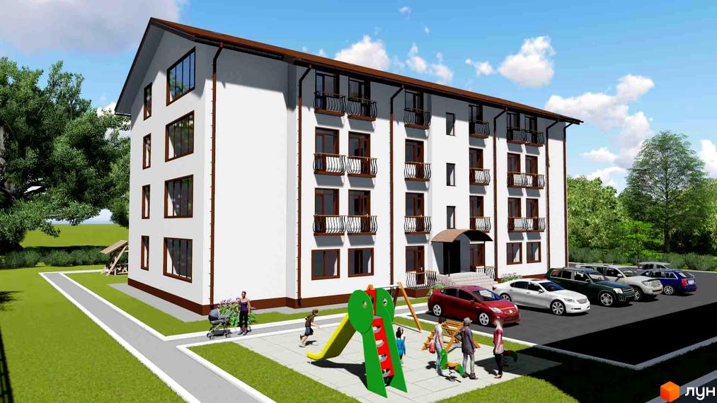 Зовнішній вигляд новобудови ЖК Нові будинки з балконами та вікнами. Прибудинкова територія з дитячим майданчиком та парковкою.