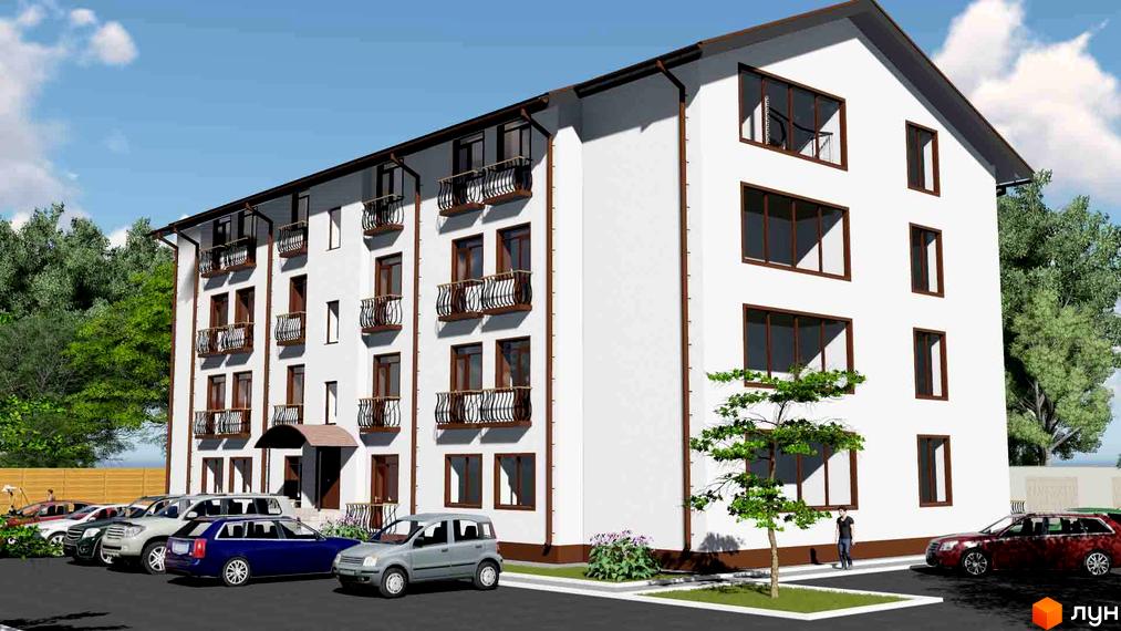 Зовнішній вигляд новобудови ЖК Нові будинки з балконами та великими вікнами. Прибудинкова територія з парковкою та деревами.
