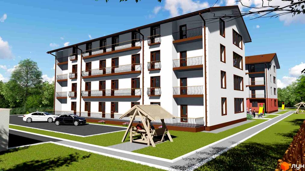 Зовнішній вигляд житлового комплексу Нові будинки з білими фасадами, коричневими балконами та дахами. Прибудинкова територія з парковкою, дитячим майданчиком та зоною відпочинку.