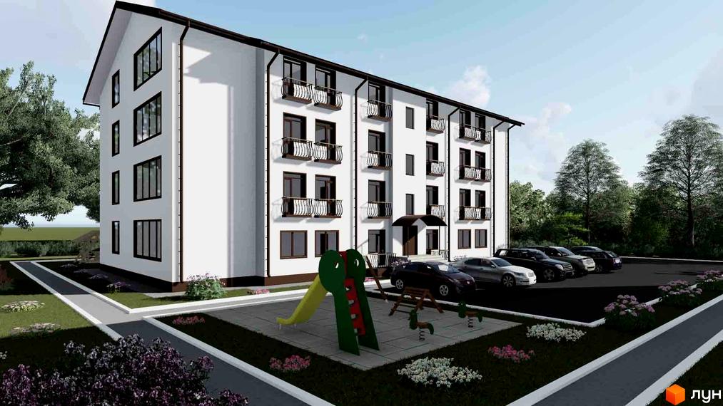 Зовнішній вигляд новобудови ЖК Нові будинки з балконами та великими вікнами. Поруч дитячий майданчик та парковка з автомобілями.