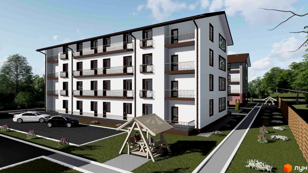 Зовнішній вигляд новобудови ЖК Нові будинки з балконами та парковкою. На прибудинковій території розташовані зелені насадження та альтанка.