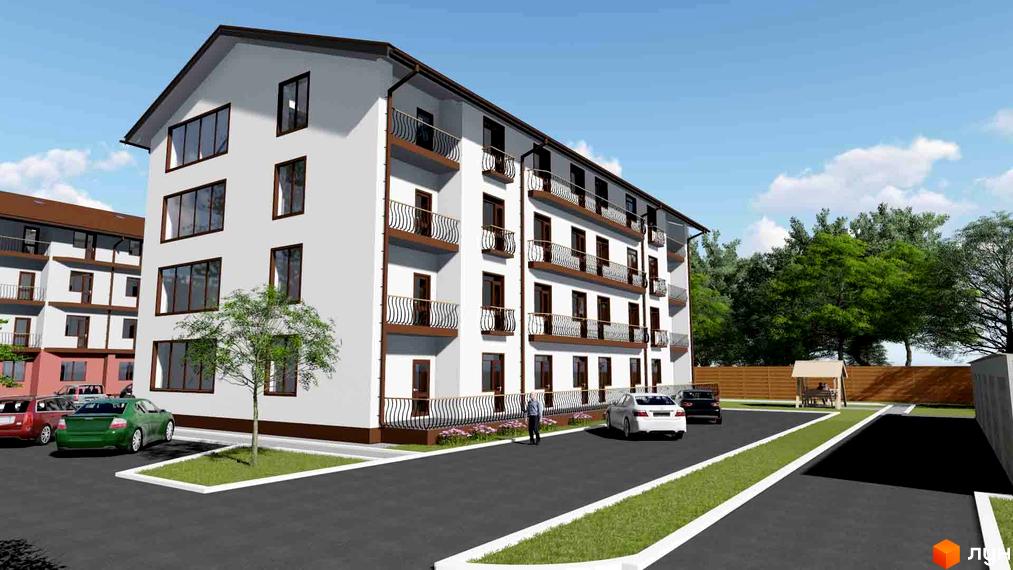 Зовнішній вигляд житлового комплексу Нові будинки з балконами та парковкою. На території є зелені насадження та зона відпочинку.