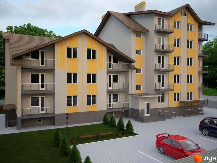 Житловий комплекс Європейський двір: багатоповерховий будинок з жовтими та сірими фасадами, балконами та паркінгом. Прибудинкова територія з газоном, лавками та деревами.