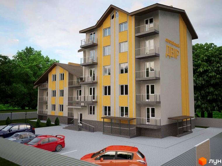 Житловий комплекс Європейський двір: фасади будівель з жовтими та сірими елементами, балкони, парковка з автомобілями.