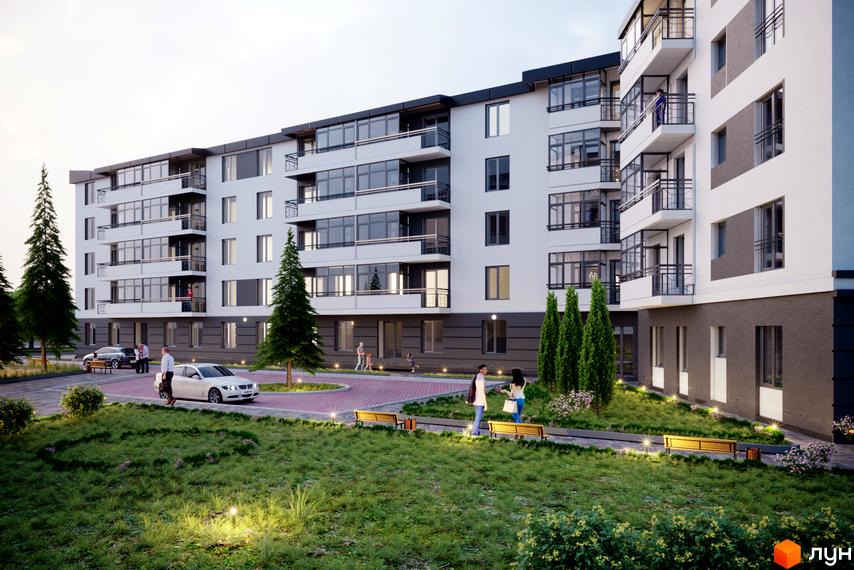 Житловий комплекс Місто Комфорту на Лісневицькій: багатоповерховий будинок з білим фасадом, балконами та прибудинковою територією з газонами, деревами та доріжками.
