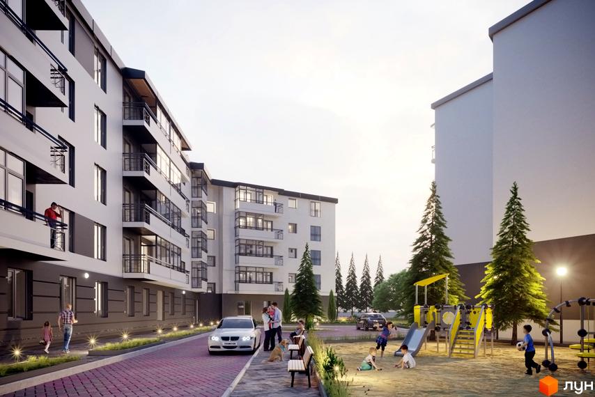 Вигляд житлового комплексу Місто Комфорту на Лісневицькій. Багатоповерхові будинки з балконами, дитячий майданчик та зелена територія.