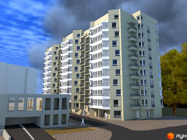 Житловий комплекс Сихівська околиця: багатоповерховий будинок світло-зеленого кольору зі ступінчастою архітектурою, балконами та вікнами. Перед будинком дорога, зелені насадження та інша споруда з паркінгом.