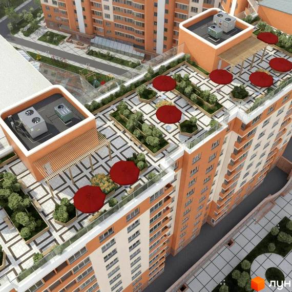 Житловий комплекс Комфорт: багатоповерховий будинок з помаранчевими фасадами та терасою на даху з зеленими насадженнями і червоними парасольками.