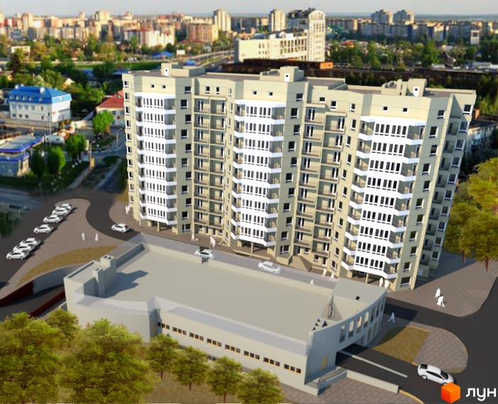 Житловий комплекс Сихівська околиця з світло-сірим фасадом та численними балконами. На передньому плані видно паркінг та зелені насадження.