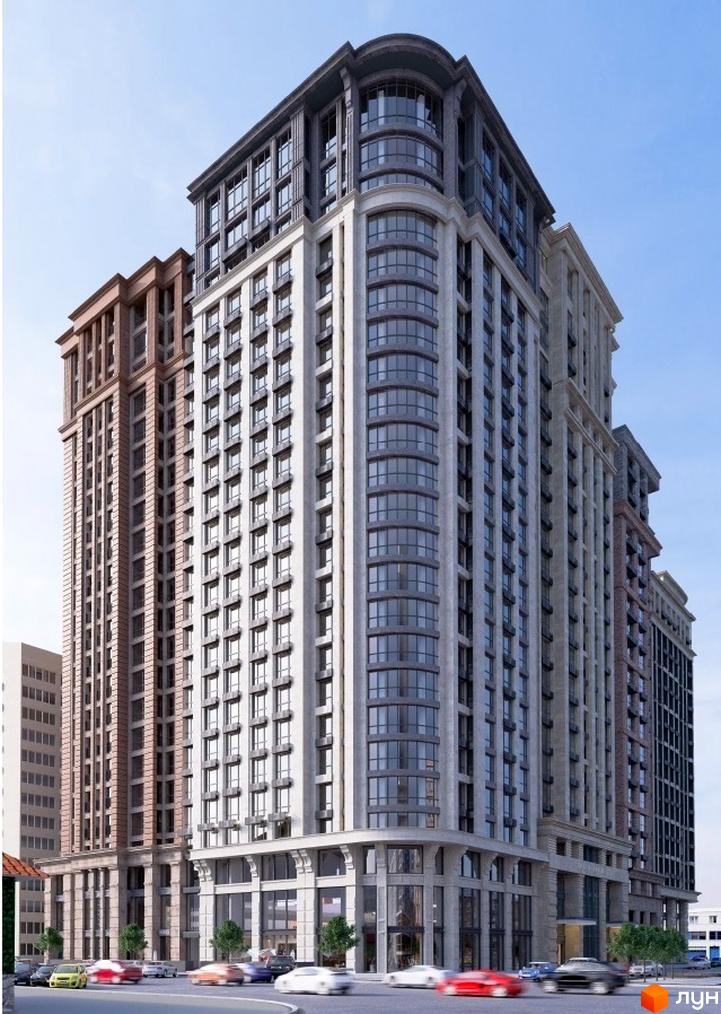 Висотна будівля ЖК Atlantic Residences з великою кількістю вікон. На передньому плані дорога з автомобілями та зелені насадження.