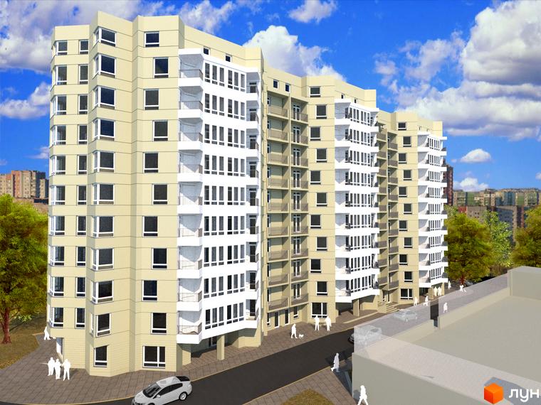 Житловий комплекс Сихівська околиця: багатоповерховий будинок кремового кольору з білими балконами та численними вікнами. Поруч – зелені дерева та дорога.