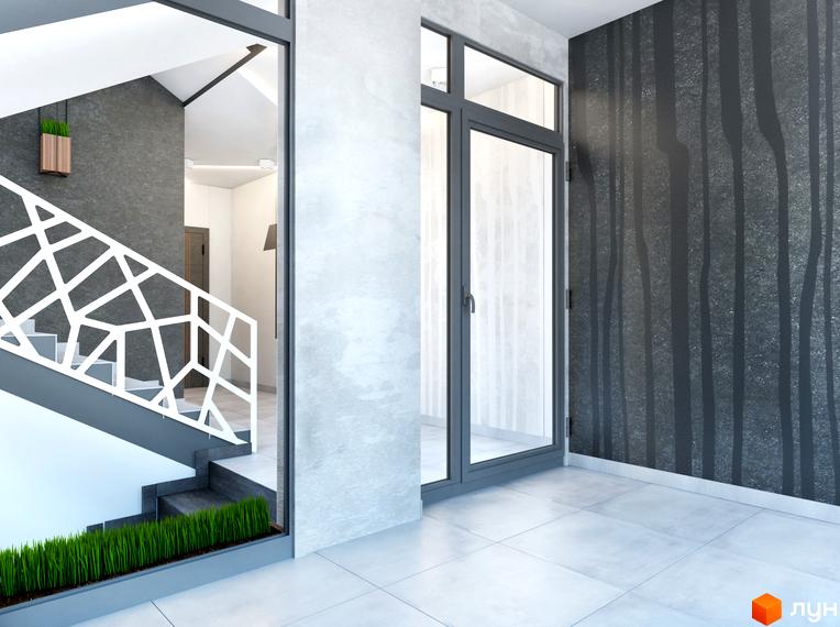 Сучасний дизайн холу з сірими стінами та білими сходами в новобудові ЖК Басів схил. Великі вікна та рослини створюють затишну атмосферу.