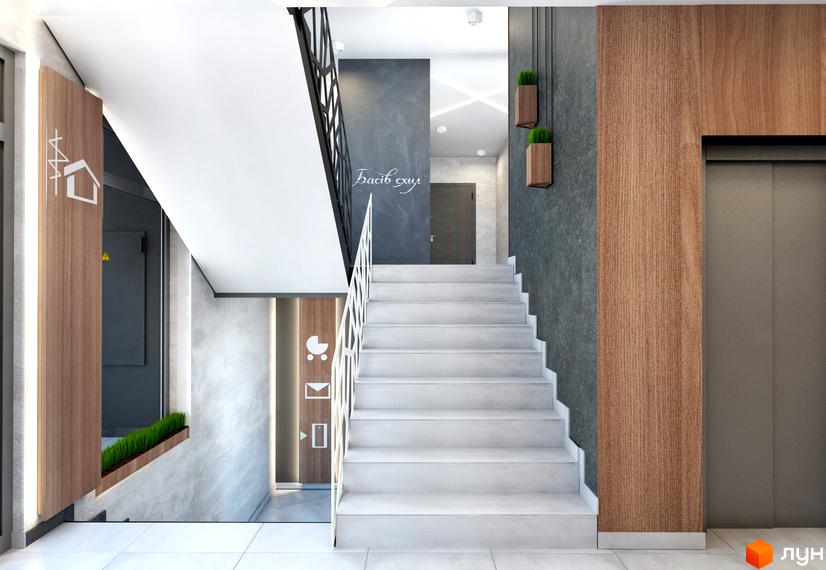 Вхідна група Новобудови Басів схил: світлі сходи, дерев'яні та сірі стіни, ліфт. На стіні видно назву 