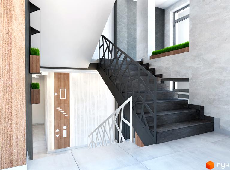 Інтер'єр сходової клітки Житлового комплексу Басів схил: темні сходи, металеві поручні та дерев'яні панелі з навігаційними знаками.