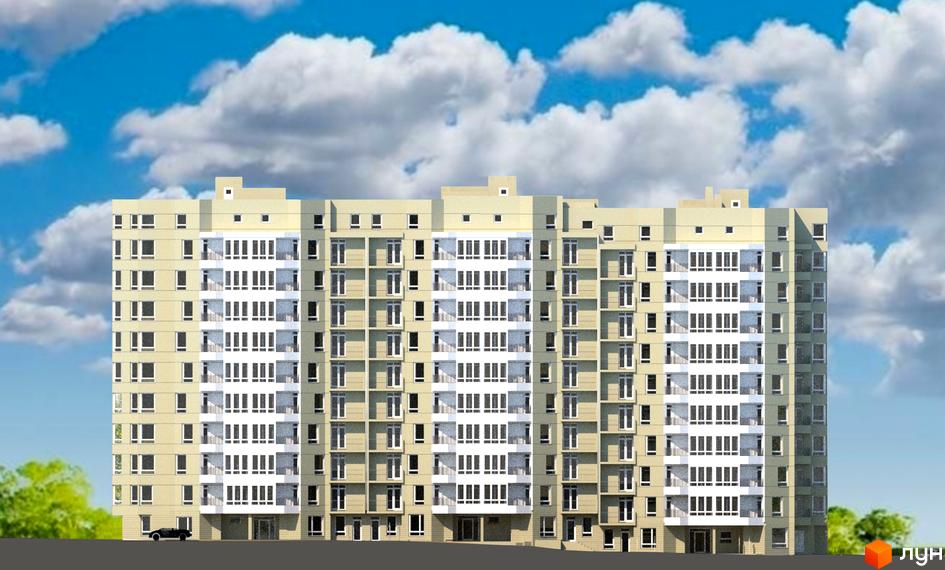 Житловий комплекс Сихівська околиця: багатоповерховий будинок світлого кольору з численними вікнами та балконами. Навколо видно зелені насадження та синє небо.