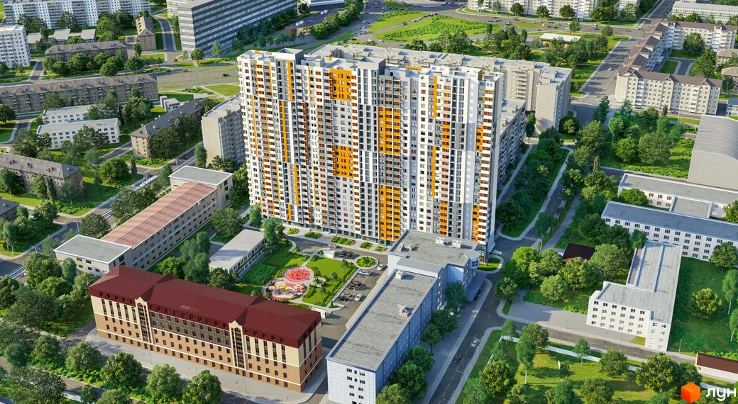 Зовнішній вигляд багатоповерхового житлового комплексу Дніпровська Мрія з яскравими жовтими вставками та прибудинковою територією з дитячим майданчиком та парковкою.