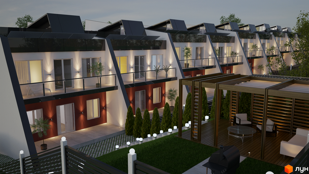 Таунхауси „Капітель“ з сучасними фасадами та індивідуальними терасами. Прибудинкова територія з альтанкою, зоною відпочинку та ландшафтним дизайном.