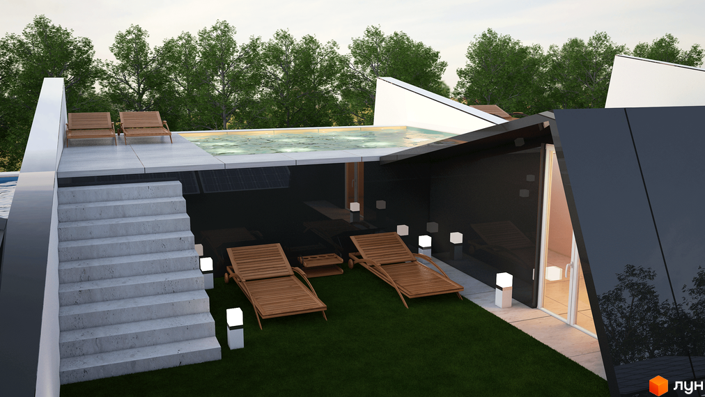 Зображення таунхаусів «Капітель» з басейном на даху та зоною відпочинку. Вигляд будинку з прибудинковою територією та зеленим газоном.