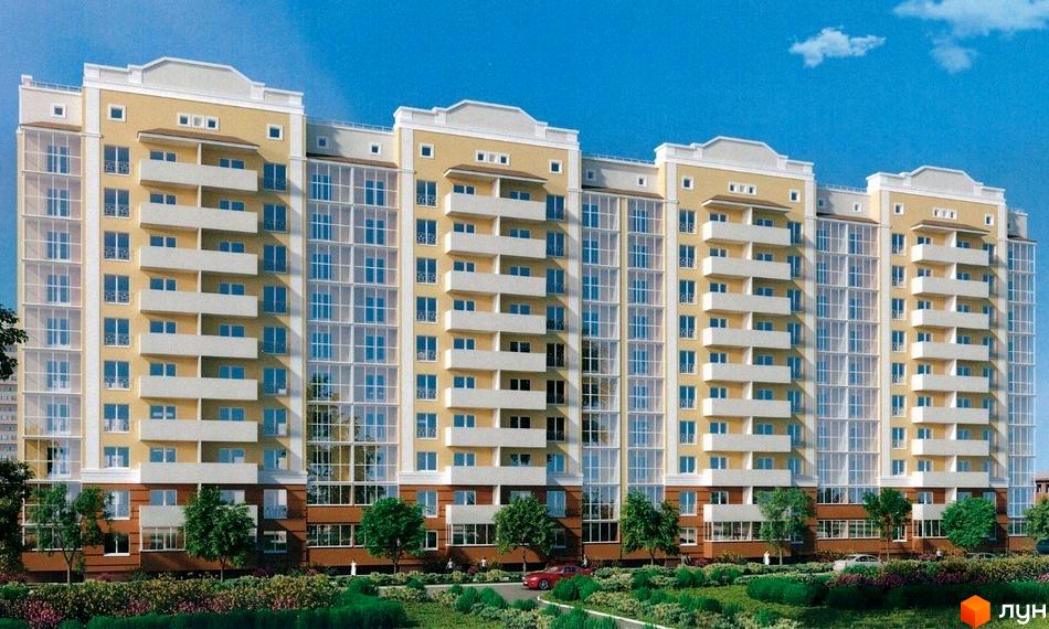 Фасад багатоповерхового житлового комплексу з жовтими стінами та білими балконами. Навколо будинку зелений ландшафт з деревами та кущами.