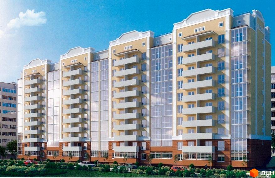 Фасад багатоповерхового житлового комплексу з балконами та панорамними вікнами. Навколо будинку зелена зона з кущами та деревами, припарковані автомобілі.