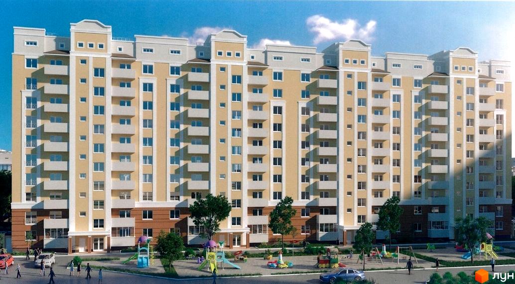 Зовнішній вигляд багатоповерхового житлового комплексу з балконами та вікнами. На прибудинковій території розташований дитячий майданчик та зелені насадження.