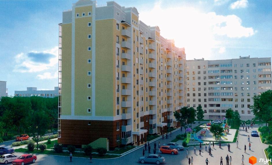 Зовнішній вигляд багатоповерхового житлового комплексу з жовтими фасадами та балконами. Прибудинкова територія з дитячим майданчиком та автомобілями.
