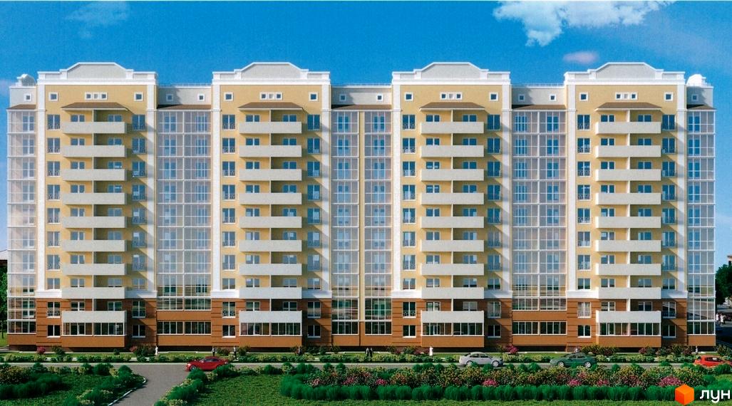 Фасад новобудови пров. Олега Кошового, 12 з балконами та панорамними вікнами. Прибудинкова територія з зеленими насадженнями та автомобілями.