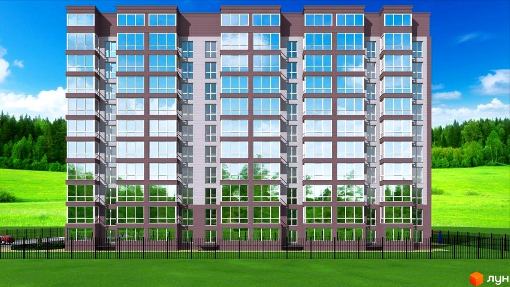 Зовнішній вигляд багатоповерхового будинку з великою кількістю вікон та балконів. Навколо будинку зелена територія з деревами та парканом.