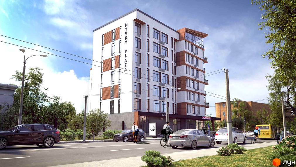 Житловий комплекс Nyvky Plaza з білими фасадами та дерев'яними вставками. На території є проїжджа частина з автомобілями та пішоходами.