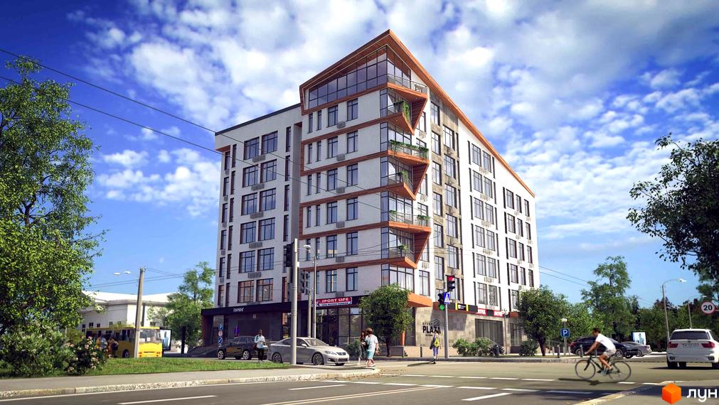 Новобудова Nyvky Plaza має білий фасад з коричневими акцентами та кутові балкони. Будівля розташована на перехресті з деревами та пішоходами.