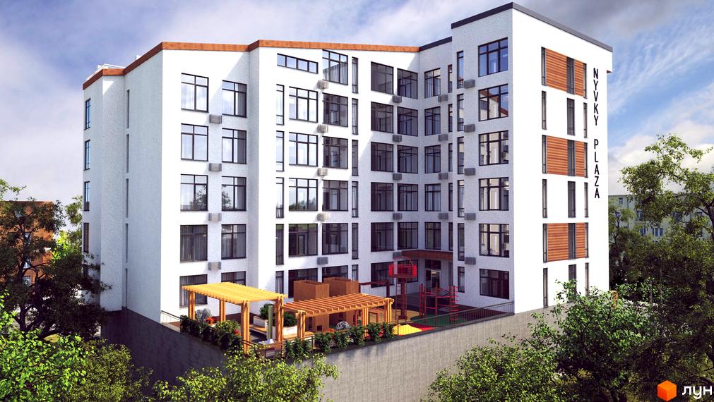 Білий багатоповерховий будинок Житловий комплекс Nyvky Plaza з темними вікнами та дерев'яними вставками на фасаді. На території є ігрові майданчики та зони відпочинку.