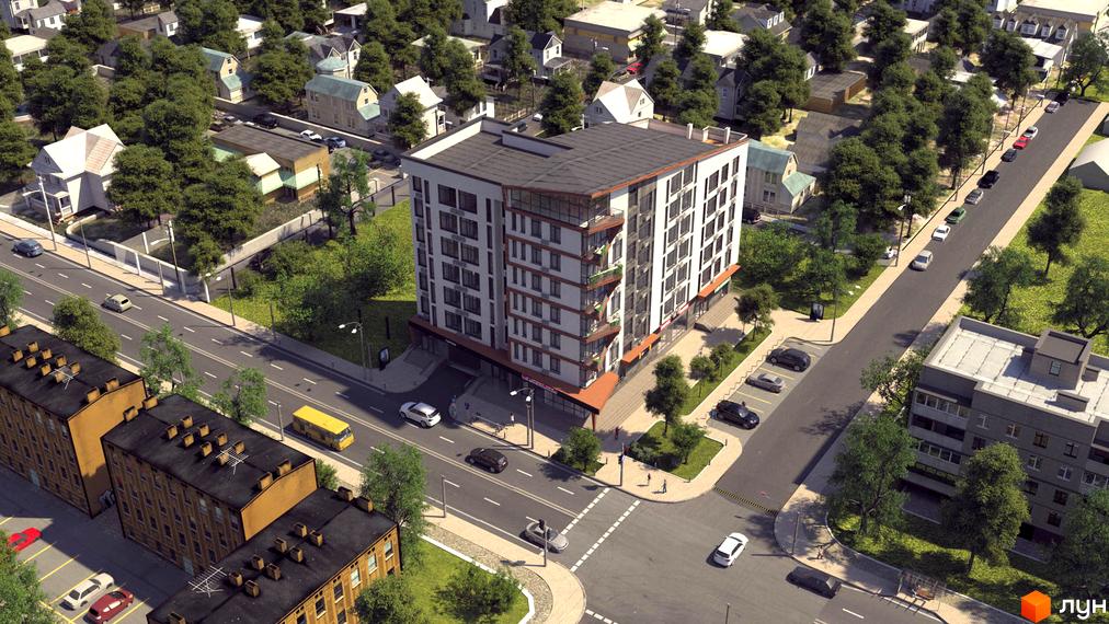 Житловий комплекс Nyvky Plaza: багатоповерховий будинок зі світлим фасадом, темними вікнами та балконами, розташований серед зелені та доріг.