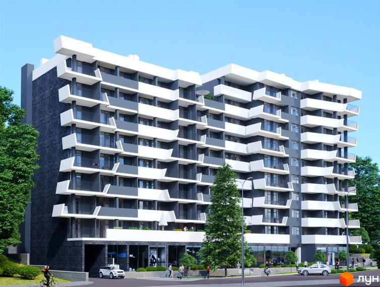 Житловий комплекс Парк Авеню: будинок з фасадом з білих та сірих секцій і балконами. Оточений деревами та облаштованою територією.