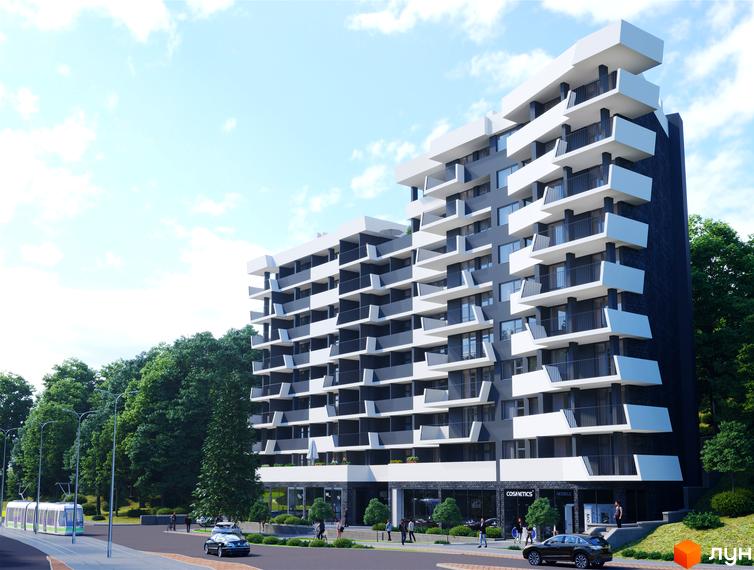 Житловий комплекс Парк Авеню з білими балконами та сірими фасадами. Поруч зелені дерева, трамвайна лінія та міський пейзаж.