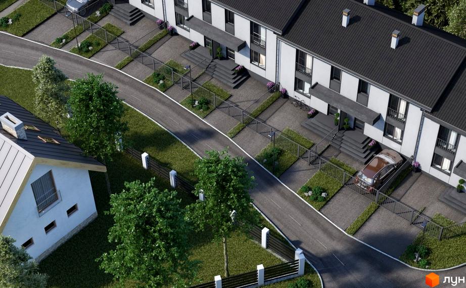 Зовнішній вигляд таунхаусів Smart Village з сірими дахами та білими фасадами. Прибудинкова територія з дорогою, зеленими насадженнями та парканом.