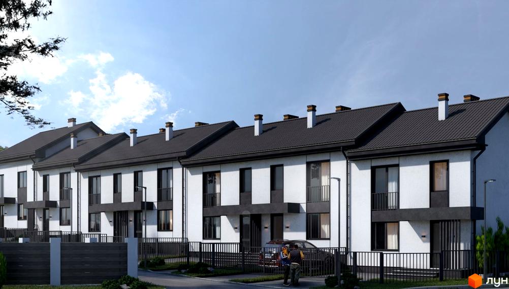 Таунхауси Smart Village: білі фасади з темними елементами та сірими дахами. Перед будинками паркан, дорога та зелень.