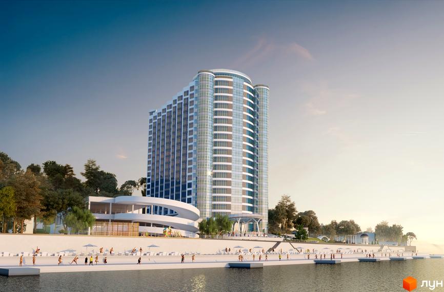 Житловий комплекс Морська симфонія з сучасним фасадом та прибудинковою територією біля води, де відпочивають люди.