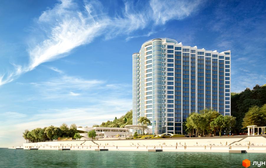 Житловий комплекс Морська симфонія з сучасною архітектурою та прибудинковою територією біля моря.