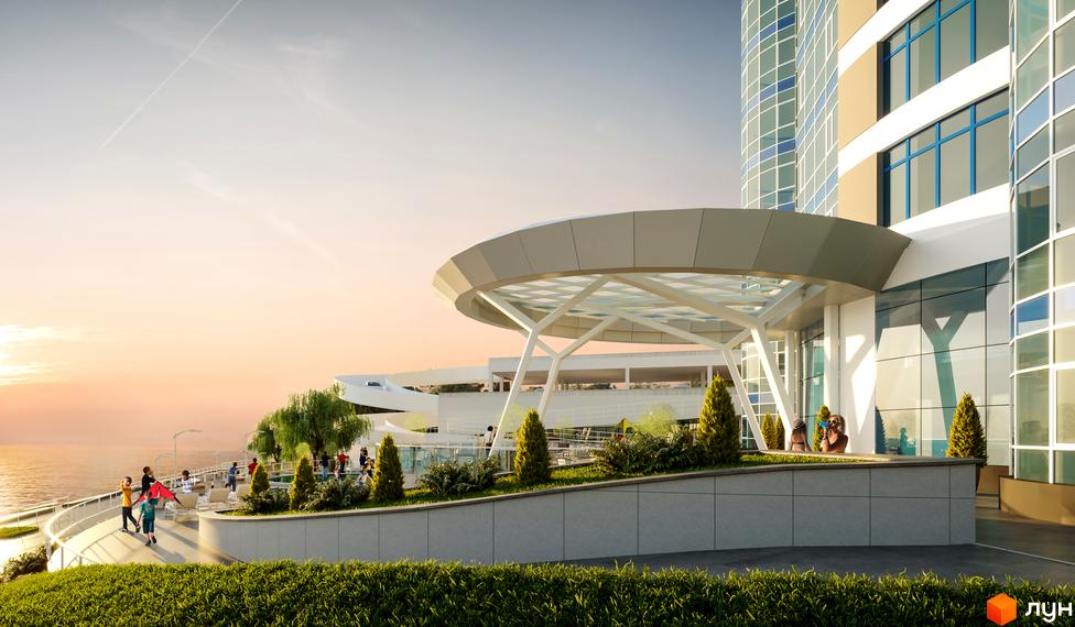 Житловий комплекс Морська симфонія з сучасною архітектурою та зоною відпочинку біля моря. Набережна з людьми та зеленню.