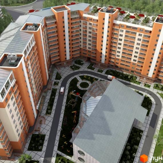 Панорамний вид на Житловий комплекс Комфорт: високі будинки з помаранчевими фасадами та доглянутий двір з пішохідними доріжками та дитячим майданчиком.